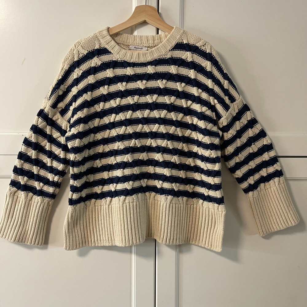 Madewell Navy Cream Striped Cable Knit Boxy Crewneck Sweater Large Split Hem